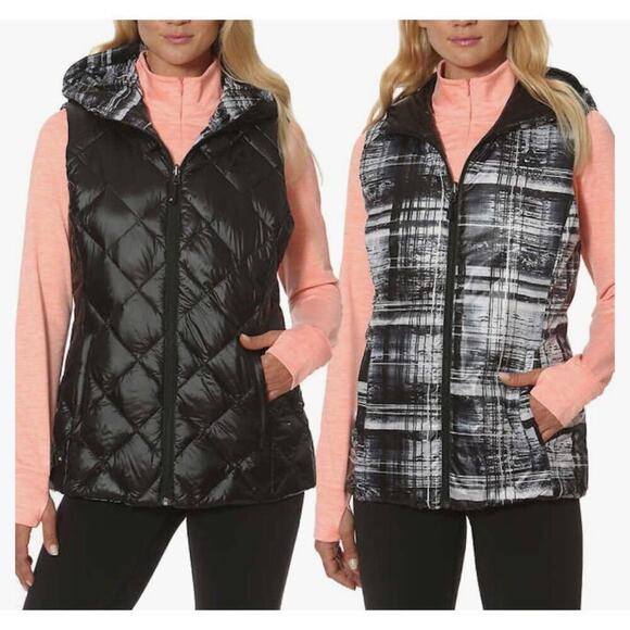 Gerry Reversible Hooded Black & Gray Plaid Sleeveless Quilted Vest Size Medium - Picture 1 of 6